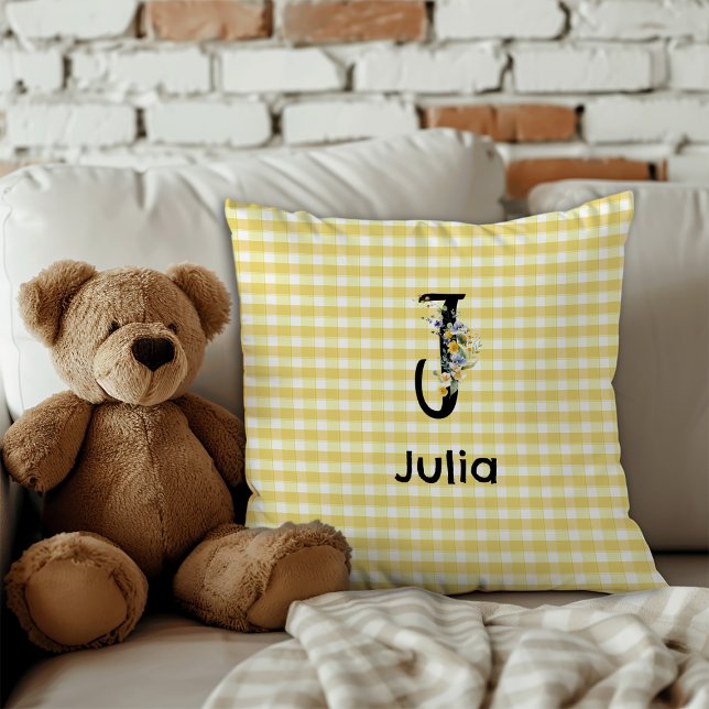 Coussin Motif gingham fleur aquarelle initiale monogramme (Créateur téléchargé)