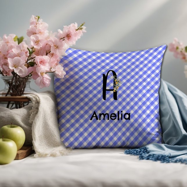 Coussin Motif gingham fleur aquarelle monogramme bleu (Créateur téléchargé)