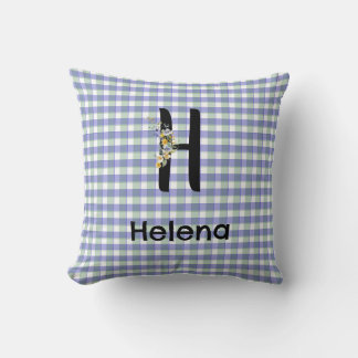 Coussin Motif gingham fleur monogramme bleu vert