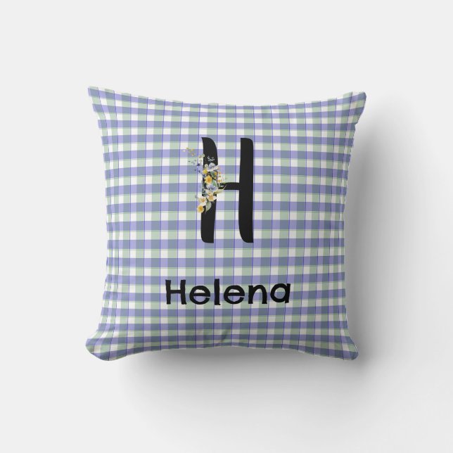 Coussin Motif gingham fleur monogramme bleu vert (Recto)