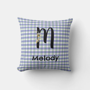Coussin Motif gingham fleur monogramme bleu vert