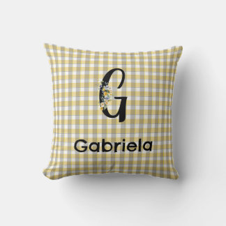 Coussin Motif gingham fleur monogramme jaune gris