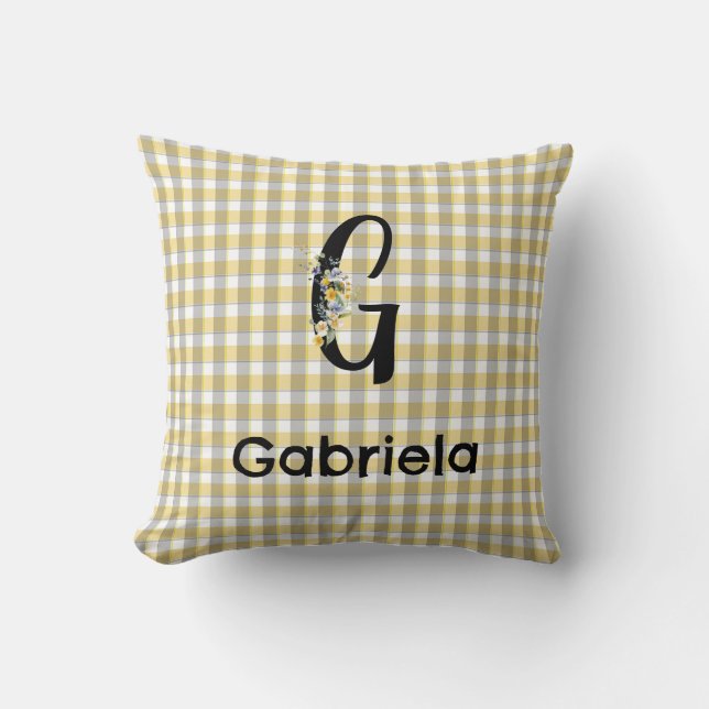 Coussin Motif gingham fleur monogramme jaune gris (Recto)