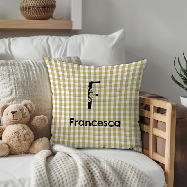 Coussin Motif gingham fleur monogramme jaune gris (Créateur téléchargé)