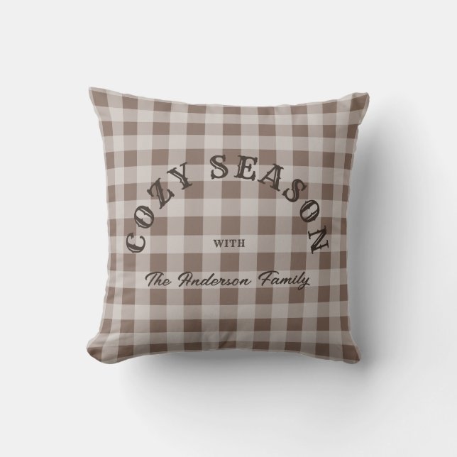 Coussin Motif Gingham Marron Personnalisé Script Occidenta (Recto)