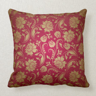Coussin Motif Gold & Burgundy Rouge Floral Damas