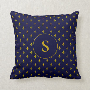 Coussin Motif Gold Fleur de Lis sur Monogramme Royal Blue
