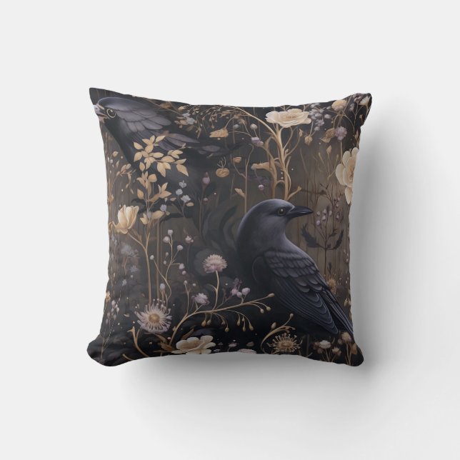 Coussin Motif gothique Ravens & Fleurs (Recto)