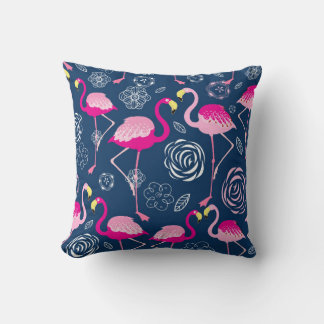 Coussin Motif graphique de flamants roses sur un bleu fonc