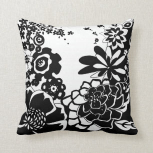 Coussin Motif graphique de jardin floral noir et blanc