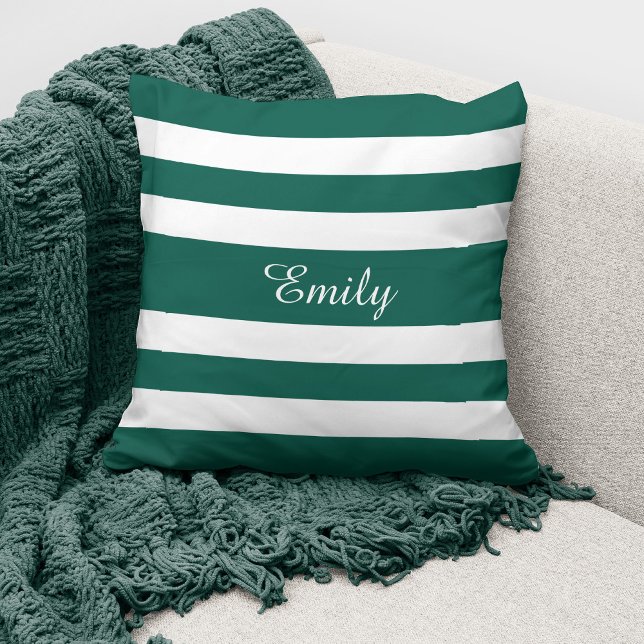 Coussin Motif Green & White Stripes Nom Monogramme (Créateur téléchargé)