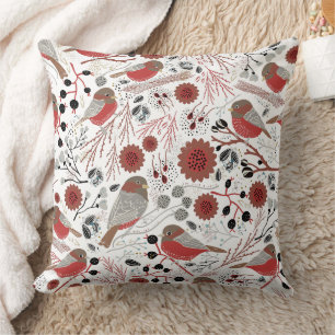 Coussin Motif gris rouge de Chickadees avec floral