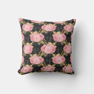Coussin Motif Harlequin Noir Floral Vintage Rose