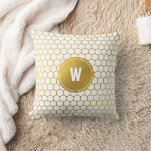 Coussin Motif Hexagon Blanc & Or Monogramme Initial