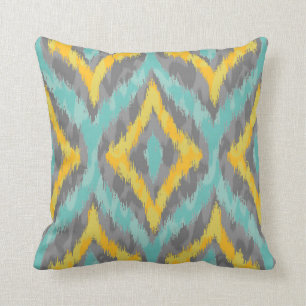 Coussin Motif Ikat vert et jaune et gris