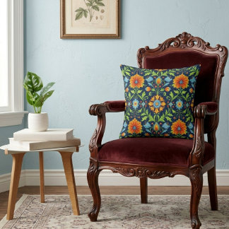 Coussin Motif inspiré de William Morris Fleur orange bleue