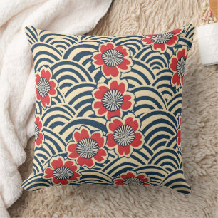 Coussin Motif japonais Sakura Rouge Navy Wave Cream