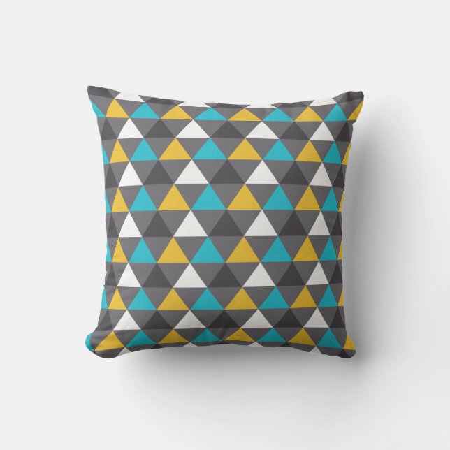 Coussin Motif jaune bleu gris de triangles géométriques (Recto)