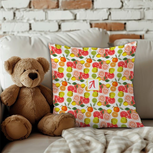 Coussin Motif jaune citron rouge citrus  (The charming design showcases a mix of cheerful citrus fruits like lemons, grapefruits, limes.)