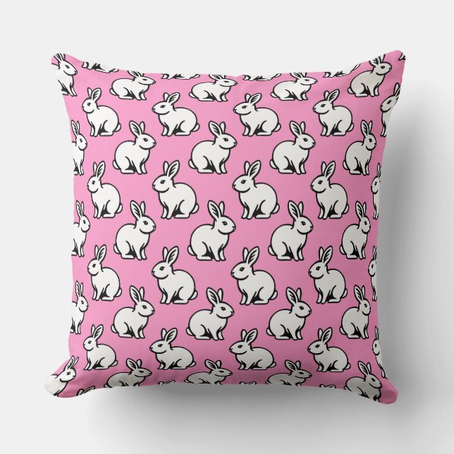 Coussin Motif lapins - noir et blanc avec rose (Recto)