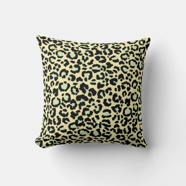 Coussin Motif léopard en vert menthe sur fond avoine (Recto)