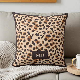 Coussin Motif Léopard Initiales Modernes Monogram Marron