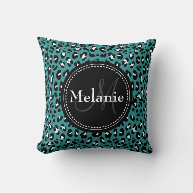 Coussin Motif Léopard noir Turquoise monogramme (Recto)