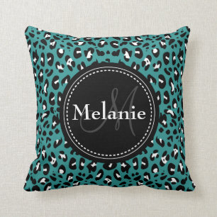 Coussin Motif Léopard noir Turquoise monogramme