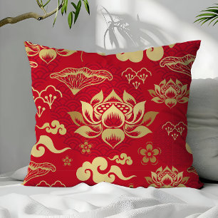 Coussin Motif Lotus Rouge Or Asiatique Oriental Chinois