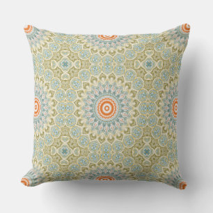 Coussin Motif Mandala orange et Turquoise avec accents or