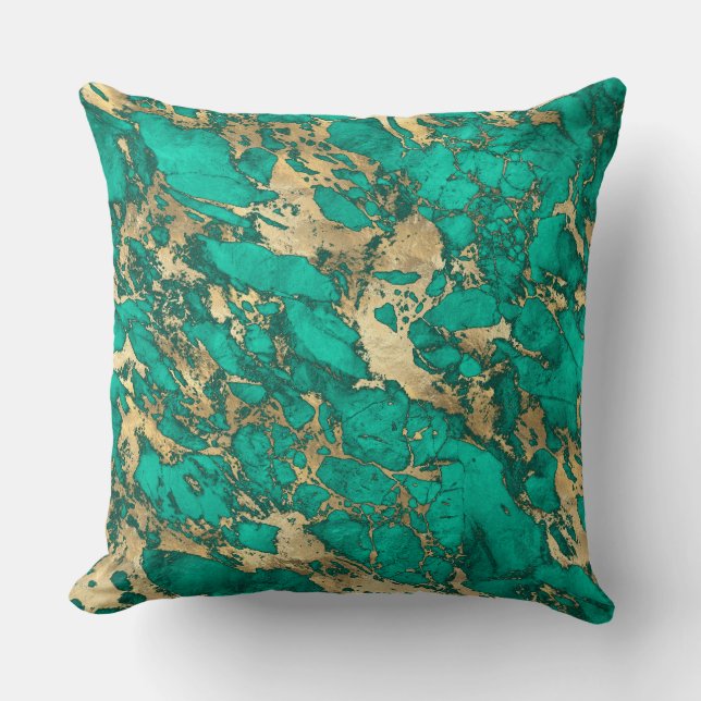 Coussin Motif Marbre Moderne Sarcelle et Or (Recto)