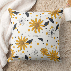 Coussin Motif marguerrier jaune et blanc avec Feuilles fon