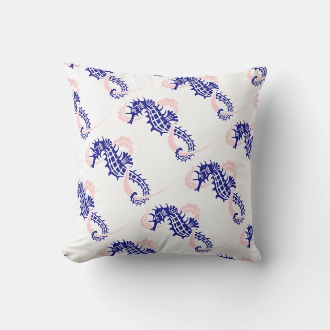 Coussin Motif marin bleu marine, rose été réversible (Recto)