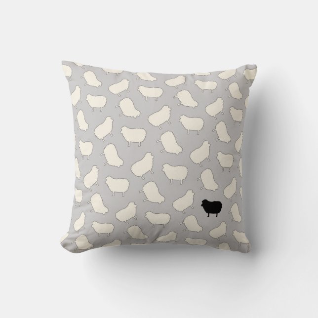 Coussin Motif mignon de moutons noirs en crème sur le gris (Recto)