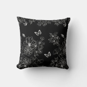 Coussin Motif minimaliste de la nature florale noire et bl