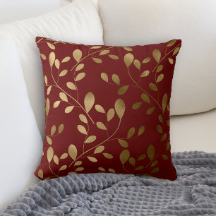Coussin Motif Moderne de Feuille d'Or sur Rouge Marron