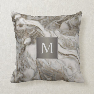 Coussin Motif moderne en marbre gris avec Monogramme