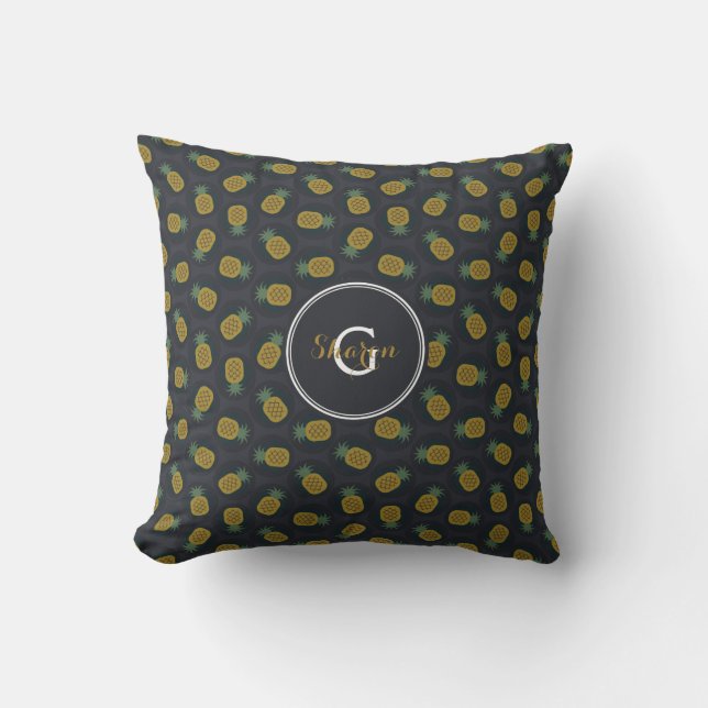 Coussin Motif monogramme de pineapple or noir rétro (Recto)