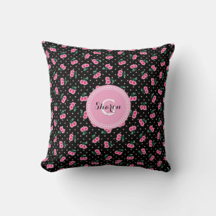 Coussin Motif monogramme rose cerise noir rétro féminin