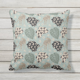 Coussin Motif Monstera Guépard Vert Beige Noir