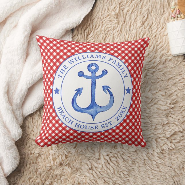 Coussin Motif Nautical Red En vichy - Maison de plage fami (Couverture)