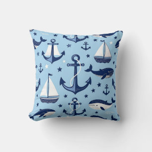 Coussin Motif nautique Baleines Ancres Voiliers