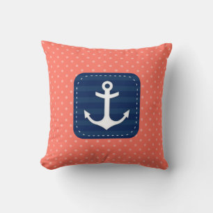 Coussin Motif Nautique Coral Polka Ancre Bleue Marine