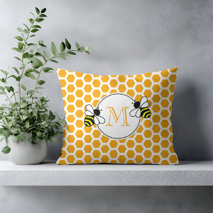 Coussin Motif nid d'abeille orange et abeilles monogrammé