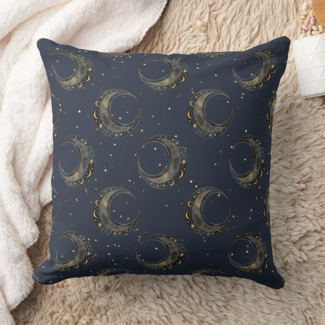 Coussin Motif Nuit Étoilée Lune Céleste Dorée (Couverture)