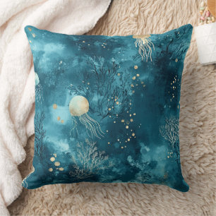 Coussin Motif Océan Corail Méduse Bleu Luxe