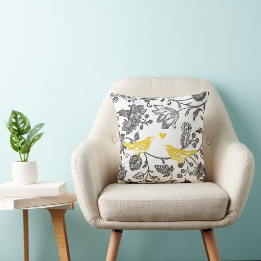 Coussin Motif Oiseau Floral Jaune Gris et Blanc à la Mode (Chaise)