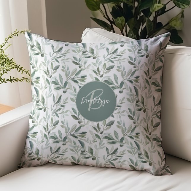 Coussin Motif Olivier Rustique Vert Sauge Monogramme (Créateur téléchargé)