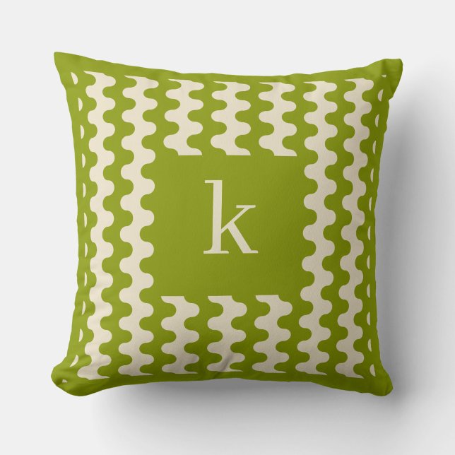 Coussin Motif ondulé vert lime Matcha Monogramme (Créateur téléchargé)