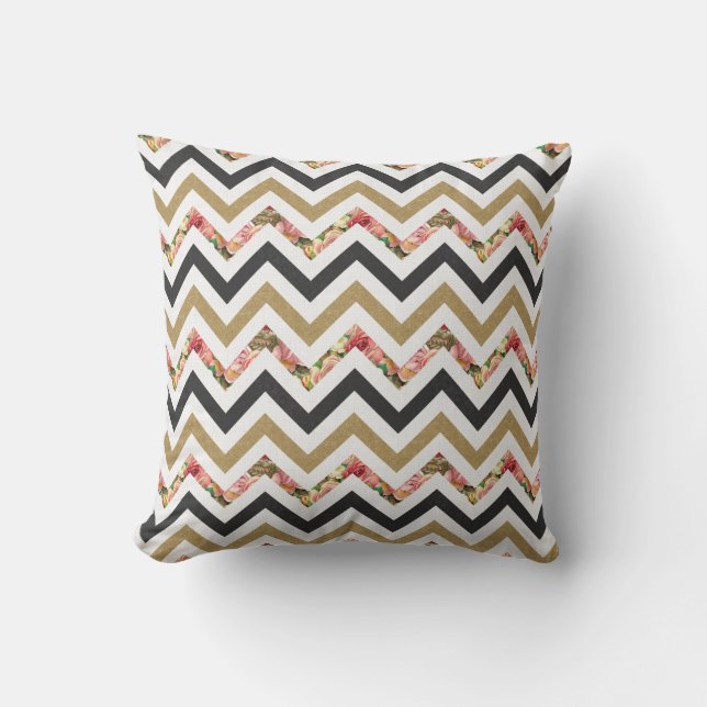 Coussin motif or, beige, noir et rose chevron (Recto)